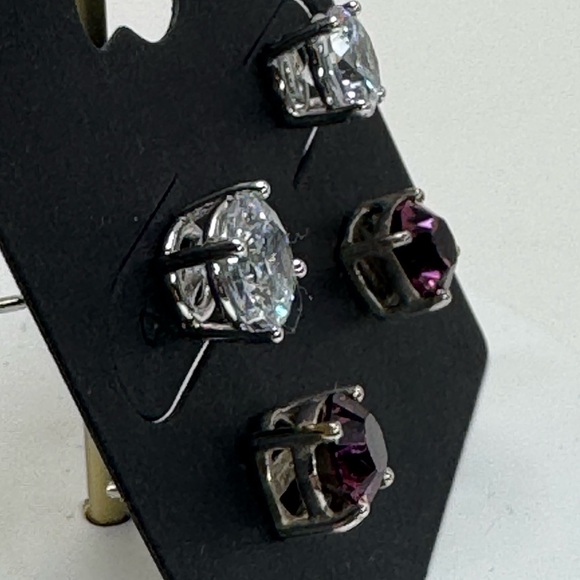 Silver tone clear and Purple crystal Stud Earrings Set - Picture 5 of 6